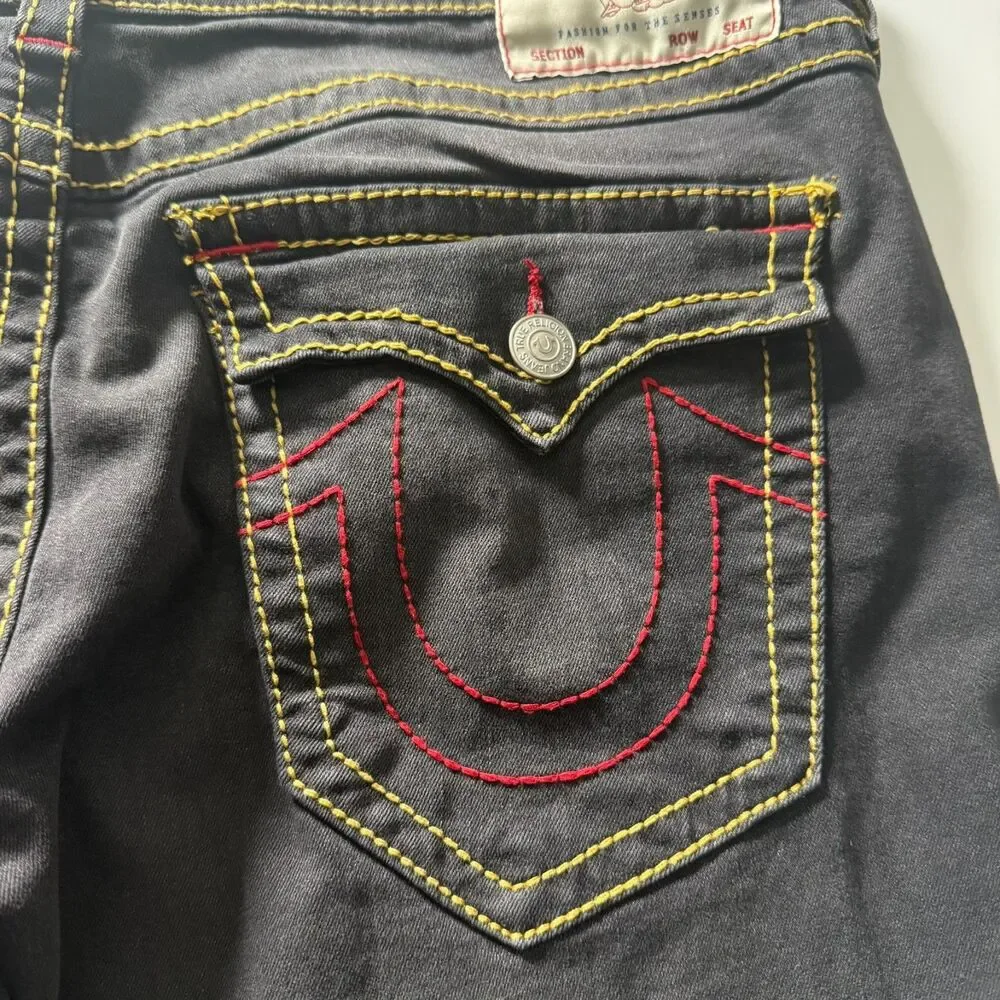True Religion Geno Relaxed Slim Black Jeans Red Stitch Flap Pocket Men’s 38x31